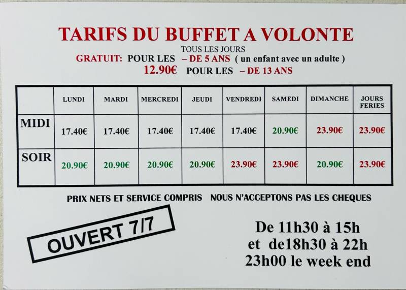 Découvrez les formules et tarifs restauration de notre buffet à volonté