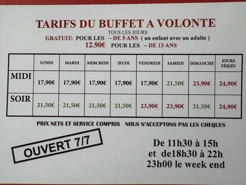 Découvrez les formules et tarifs restauration de notre buffet à volonté